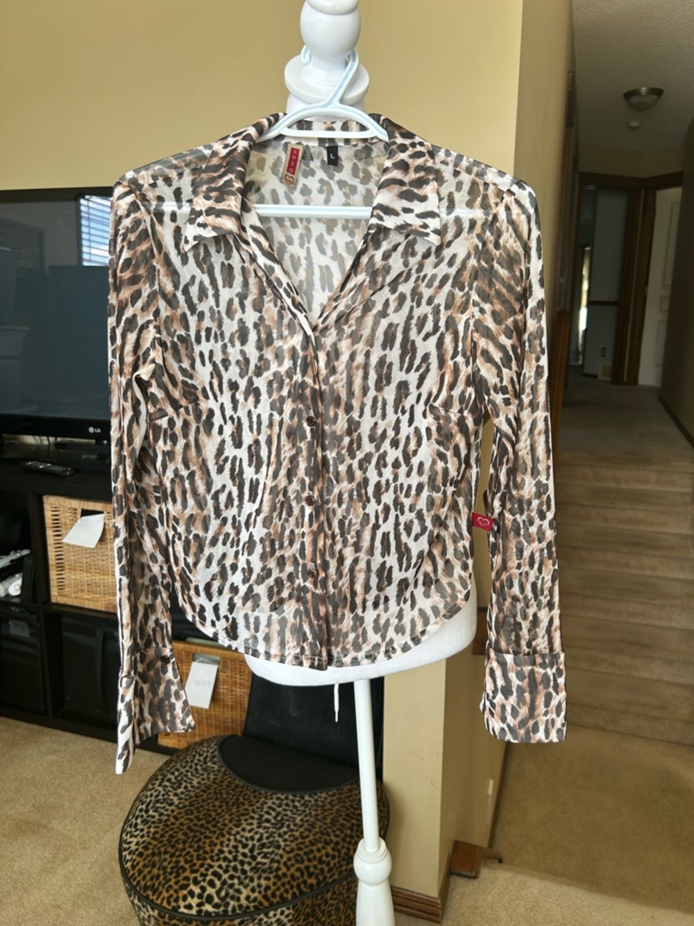 Leopard Print Semi sheer Stretch Button-Down Shirt in Brown and Cream